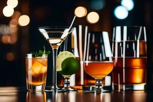 various alcoholic drinks on a bar table. AI-Generated photo