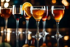 a row of glasses with different types of alcohol. AI-Generated photo