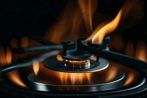 a close up of a gas burner with flames. AI-Generated photo