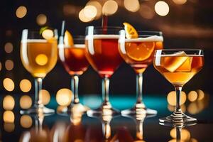 five different alcoholic drinks in glasses on a table. AI-Generated photo