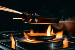 a person is cooking on a stove with a flame. AI-Generated photo