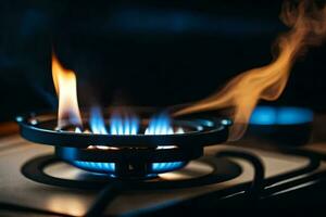 a gas stove with blue flames. AI-Generated photo