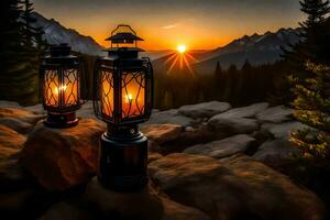 two lanterns on a rock in front of a mountain. AI-Generated photo