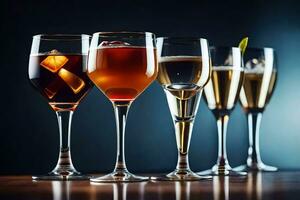 a row of glasses with different types of drinks. AI-Generated photo