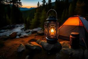 a camping tent and lantern on the rocks in the mountains. AI-Generated photo