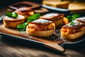 small cakes with cheese and sugar on a wooden tray. AI-Generated photo