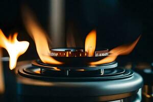 a close up of a gas stove with flames. AI-Generated photo