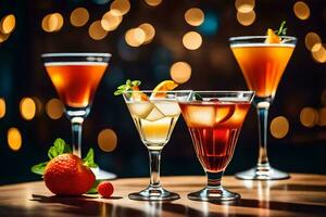 three different types of alcoholic drinks on a table. AI-Generated photo