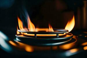 a close up of a gas stove with flames. AI-Generated photo