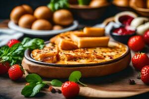 baked cheese with bread and strawberries on a wooden table. AI-Generated photo