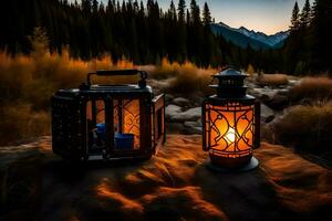 two lanterns sit on the rocks in front of a mountain. AI-Generated photo