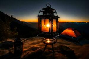 a lantern and a tent sit on top of a mountain at sunset. AI-Generated photo