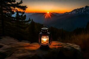a lantern is lit on a rock in front of a mountain at sunset. AI-Generated photo