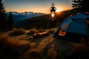 un cámping tienda es conjunto arriba en el montañas a puesta de sol. generado por ai foto