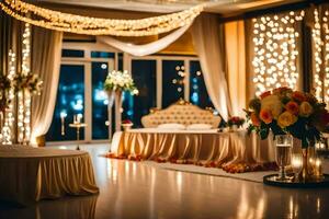 un Boda recepción con un largo mesa y velas generado por ai foto