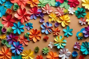 colorful paper flowers on a brown background. AI-Generated photo