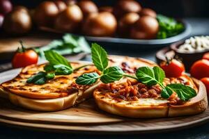 toast with cheese and tomatoes on a wooden board. AI-Generated photo