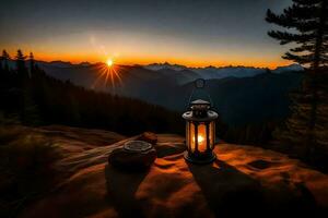 lantern, the sun, mountains, sunset, the mountains, hd wallpaper. AI-Generated photo