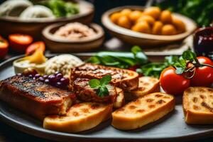 a plate of food with bread, vegetables and meat. AI-Generated photo