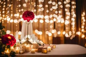 a table with candles and flowers in front of a backdrop of lights. AI-Generated photo