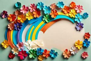 colorful paper flowers arranged in a circle with a rainbow. AI-Generated photo