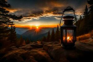 a lantern is lit on a rock in the middle of a forest. AI-Generated photo