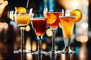 cinco diferente tipos de alcohólico bebidas en un bar. generado por ai foto
