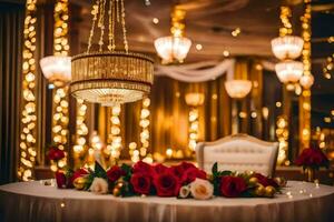 a table with red roses and chandelier lights. AI-Generated photo