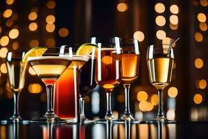 a group of glasses with different drinks on a table. AI-Generated photo
