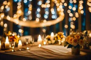 a table with candles and flowers in front of a string of lights. AI-Generated photo