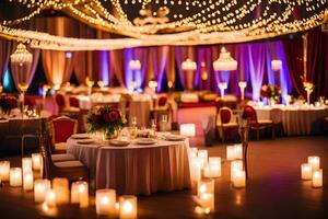 a wedding reception with candles and lights. AI-Generated photo