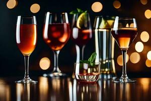 a group of glasses with different drinks on a table. AI-Generated photo