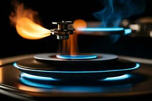 a close up of a turntable with flames coming out of it. AI-Generated photo