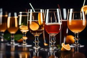 a row of glasses with different drinks. AI-Generated photo