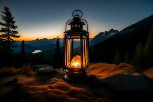 a lantern lit up on a mountain at night. AI-Generated photo