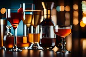 a variety of alcoholic drinks are lined up on a table. AI-Generated photo