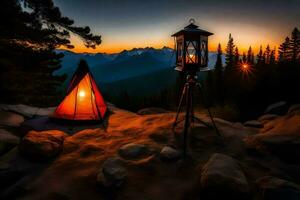 a tent and lantern are set up on a mountain at sunset. AI-Generated photo