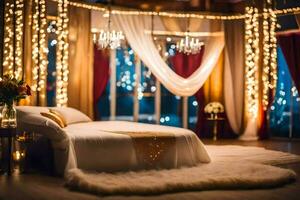 a bed with white sheets and a chandelier. AI-Generated photo