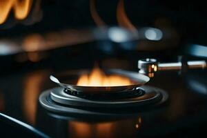 a gas burner on a stove top with flames. AI-Generated photo