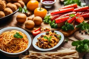 spaghetti, meatballs, tomatoes and other foods are arranged on a table. AI-Generated photo