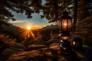 a lantern and a can of beer on a rock in the woods. AI-Generated photo