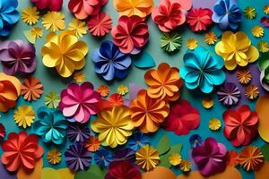 colorful paper flowers on a green background. AI-Generated photo