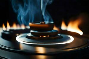 a close up of a stove with smoke coming out of it. AI-Generated photo