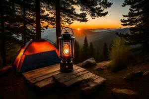 a tent and a lantern are set up on a mountain at sunset. AI-Generated photo
