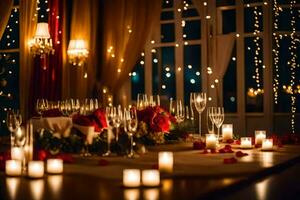 a table with candles and flowers is set up for a romantic dinner. AI-Generated photo