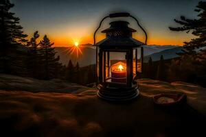 a lantern is lit on a rock in the middle of a forest. AI-Generated photo