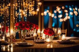 a table with candles and red roses. AI-Generated photo