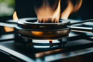 a gas stove with flames on it. AI-Generated photo