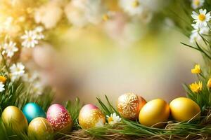 Pascua de Resurrección huevos en el nido con margaritas y flores generado por ai foto