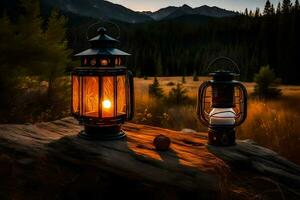 two lanterns on a log in the woods. AI-Generated photo